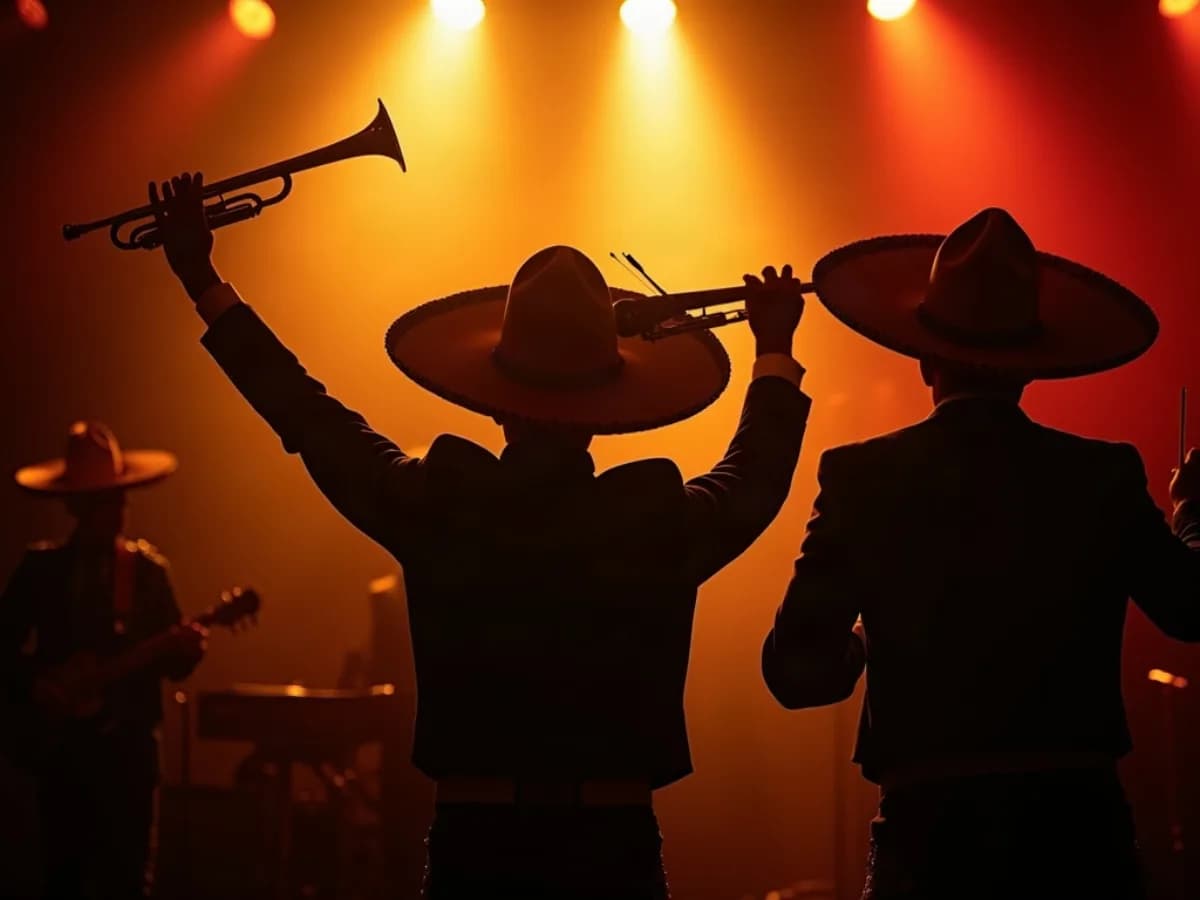 Mariachis tocando a contraluz sobre un escenario