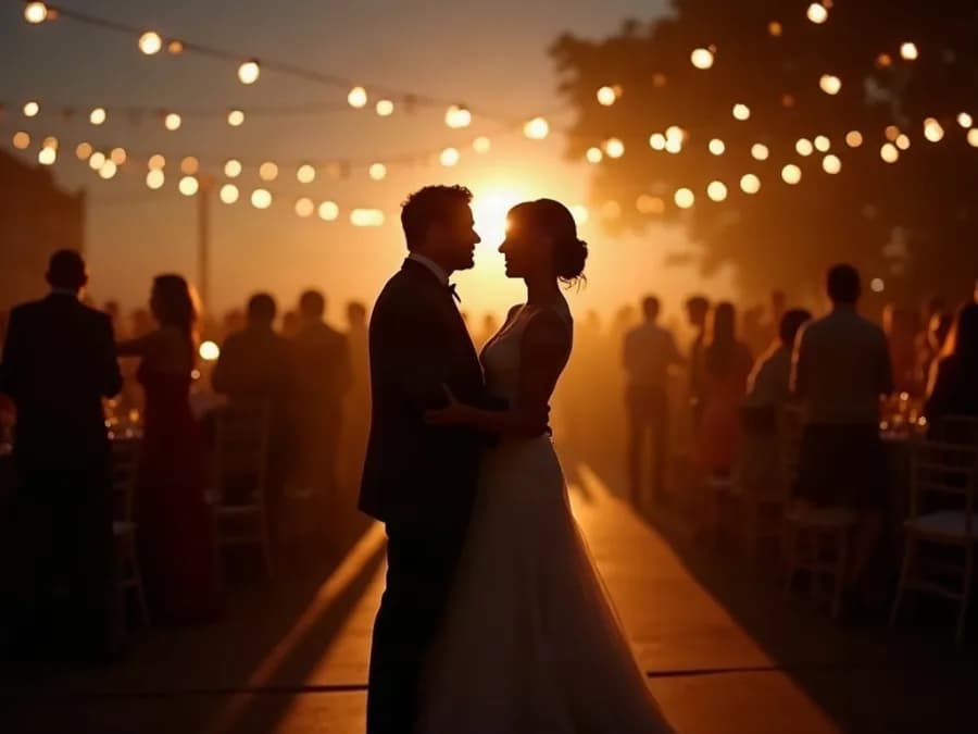 Novios bailando bajo guirnaldas de luces al atardecer