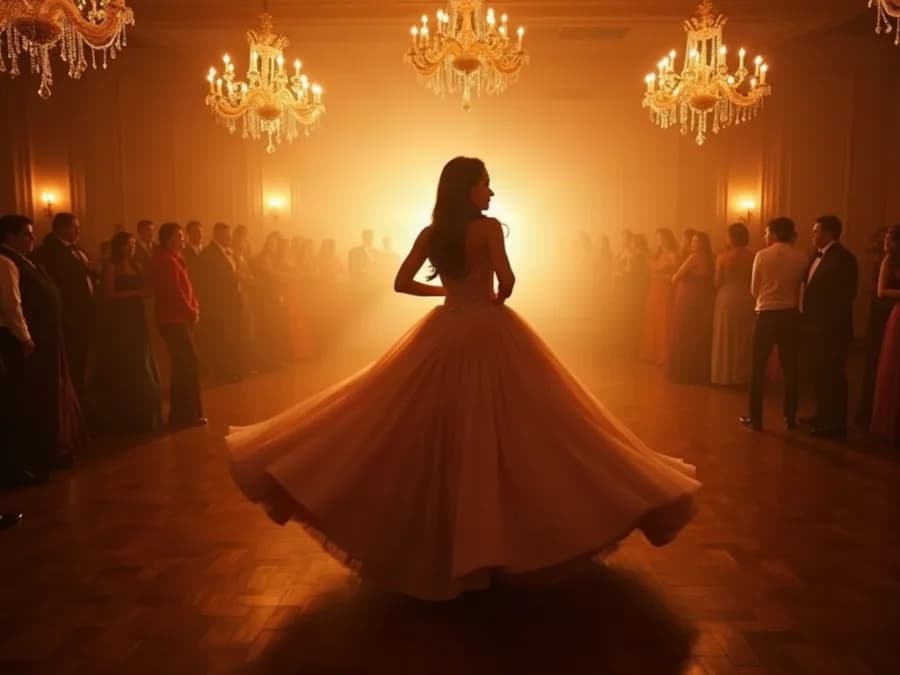 Quinceañera girando en un salón iluminado